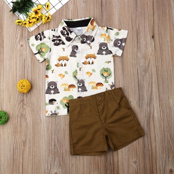 Other - Woodland Animals Fox Bear Button Shirt Boys Outfit
